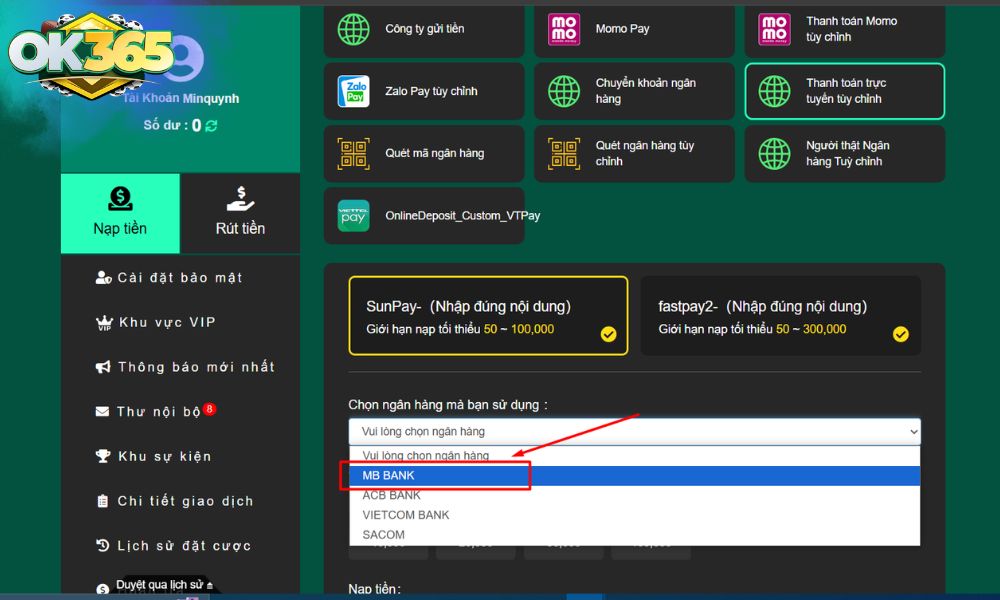 Dùng tiền giải ngân MB Bank nạp trực tiếp vào OK365