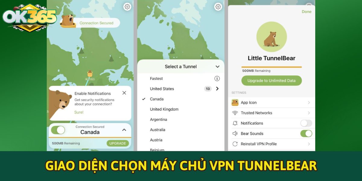 Giao diện chọn máy chủ VPN TunnelBear