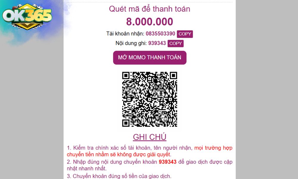 Mở ứng dụng Momo để thanh toán với nội dung đã hiển thị